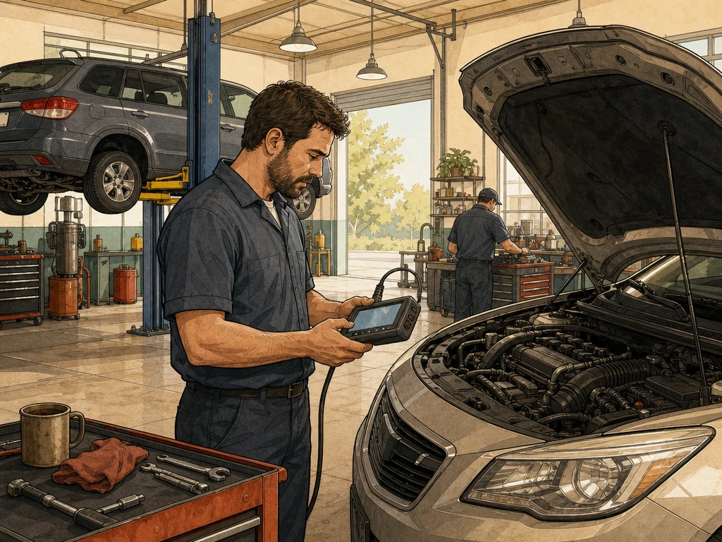 An auto technician diagnosing a vehicle with a scan tool in a clean independent repair shop