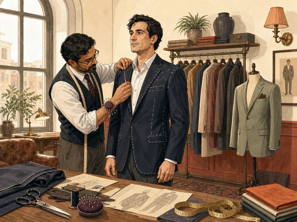 A tailor carefully measuring and pinning a garment for a customer fitting