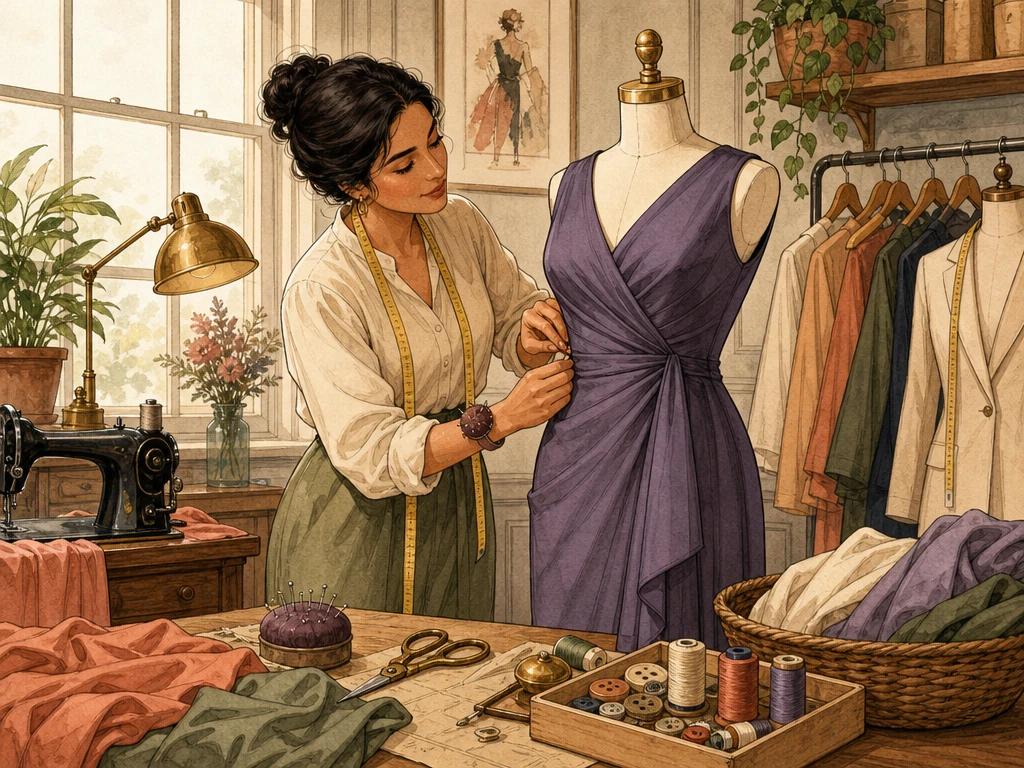 A seamstress adjusting a formal dress on a mannequin with sewing tools nearby