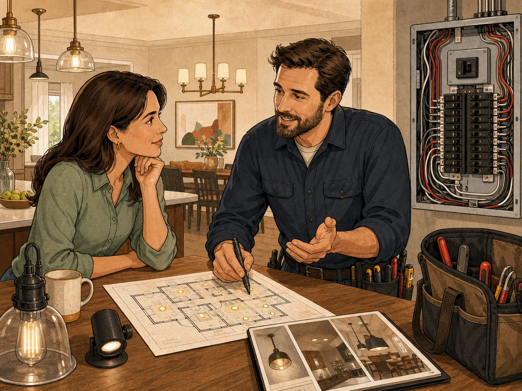 A homeowner discussing a lighting or panel upgrade with an electrician