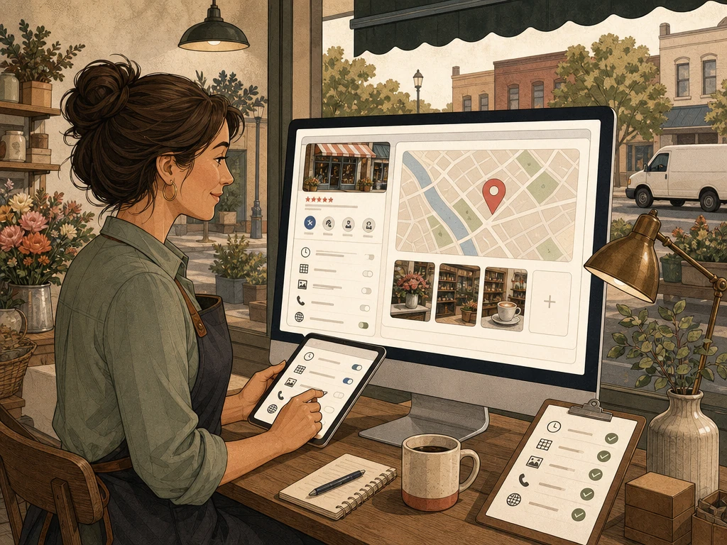 A shop owner updating business hours categories photos and contact details on a map profile