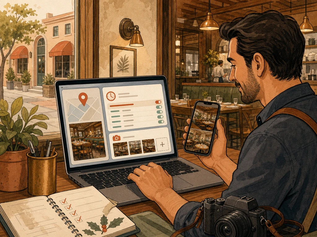 A restaurant manager adding current holiday hours and authentic interior photos