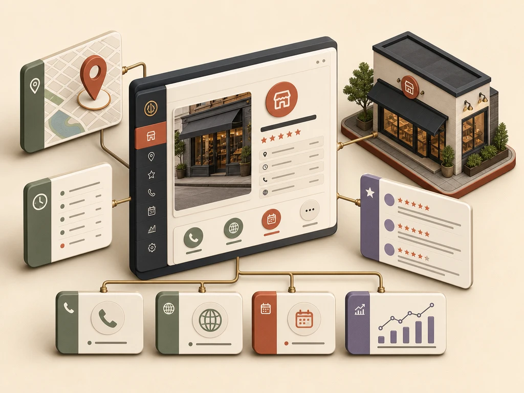 Isometric local business profile connected to a storefront, map, hours, photos, reviews, customer actions, and monitoring tools