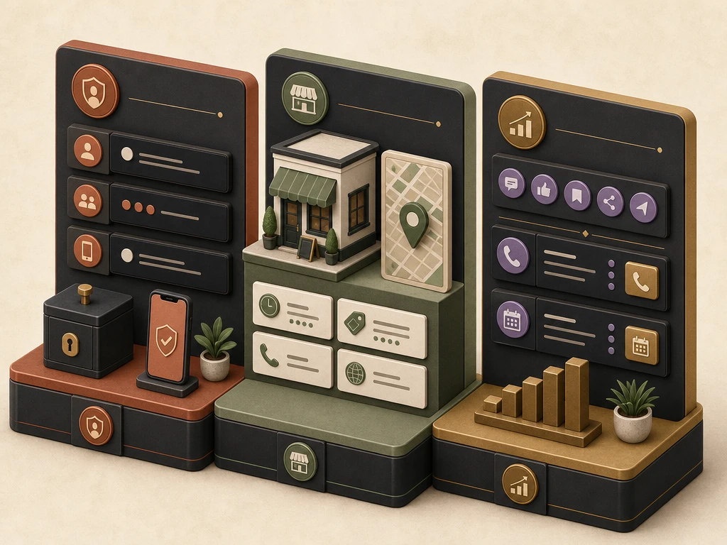 Three-column isometric system for business-owned access, verified profile facts, and carefully qualified outcomes