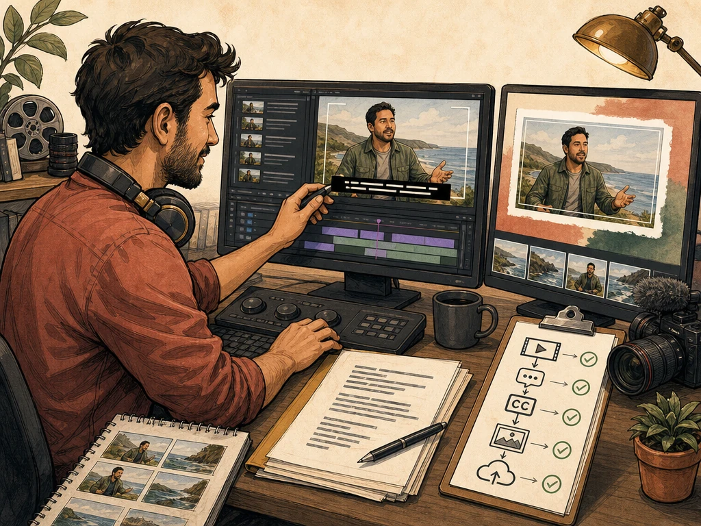 A video producer adding captions transcript and a clear poster frame before publishing