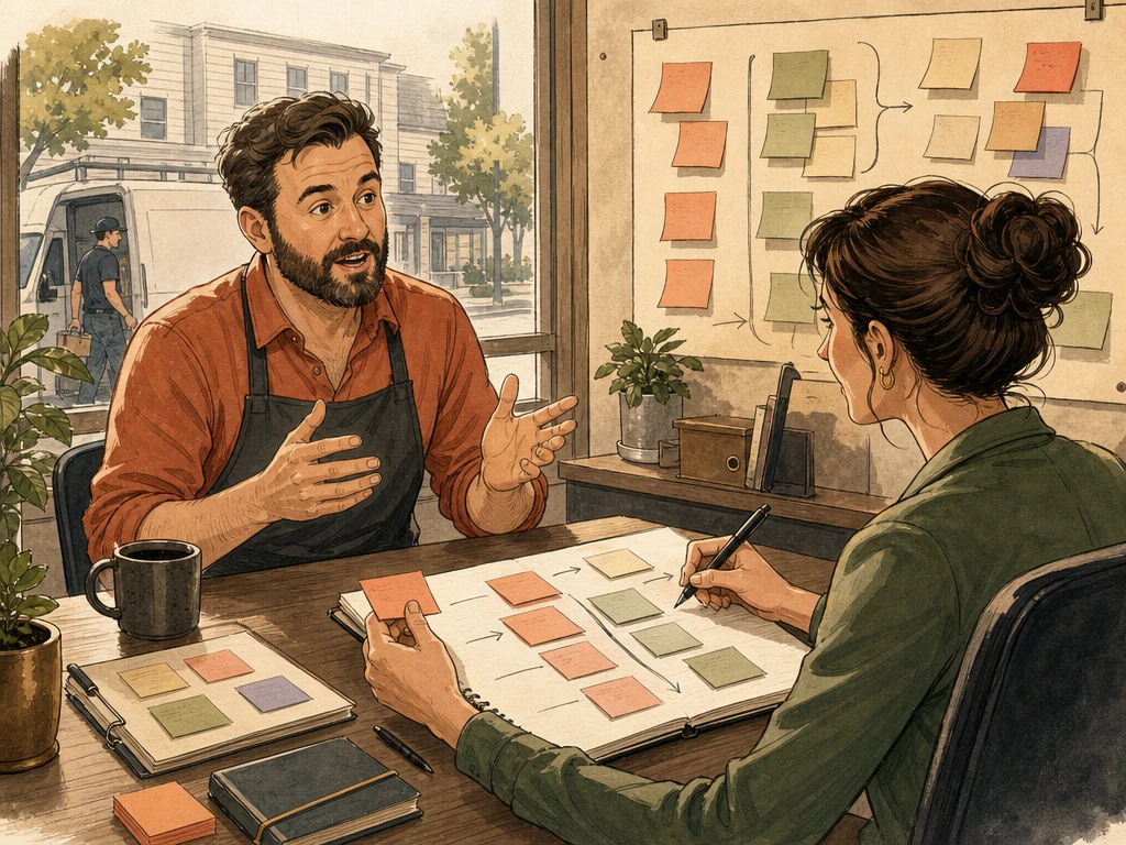 A business owner sharing the real phrases customers use while a marketer organizes notes