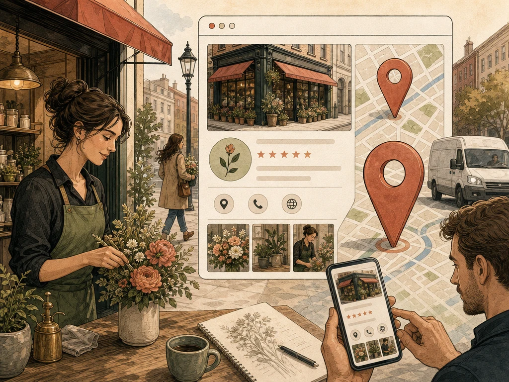A storefront website map pin and business profile shown together as a consistent local presence