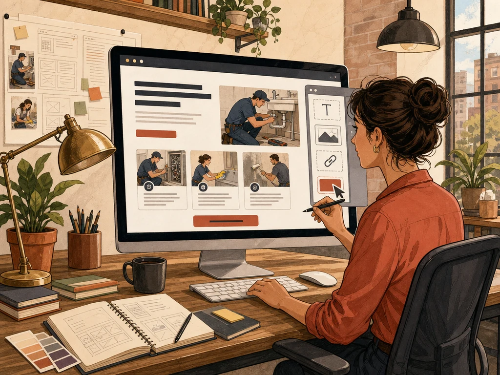 A web editor improving a service page heading images links and call to action on a large monitor