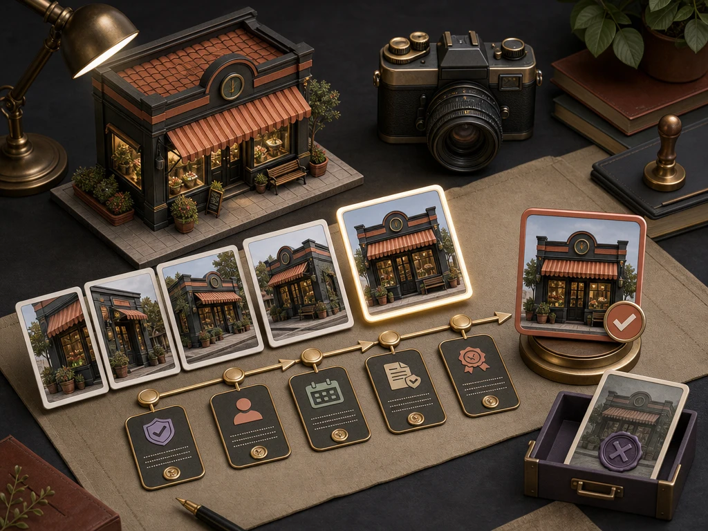 Isometric media approval table matching current storefront photographs to source, permission, timing, and publishing checks