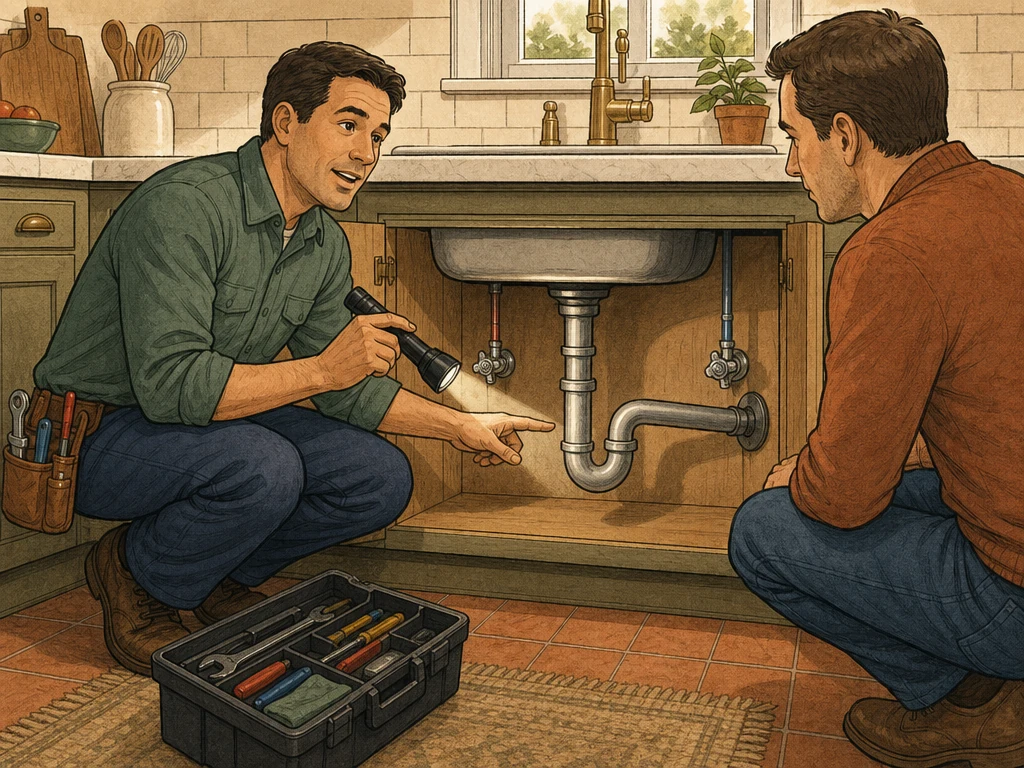 A professional plumber diagnosing pipes beneath a kitchen sink while explaining the issue to a homeowner