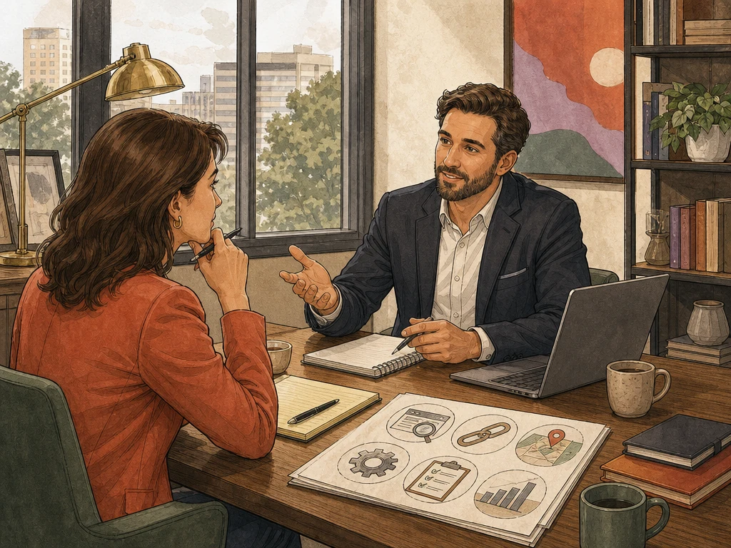 A business owner interviewing an SEO consultant across a table with thoughtful questions