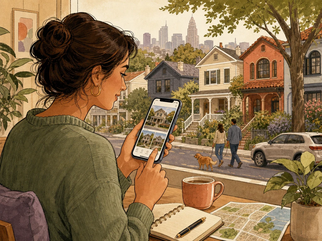 A buyer using a phone to explore a neighborhood and available homes