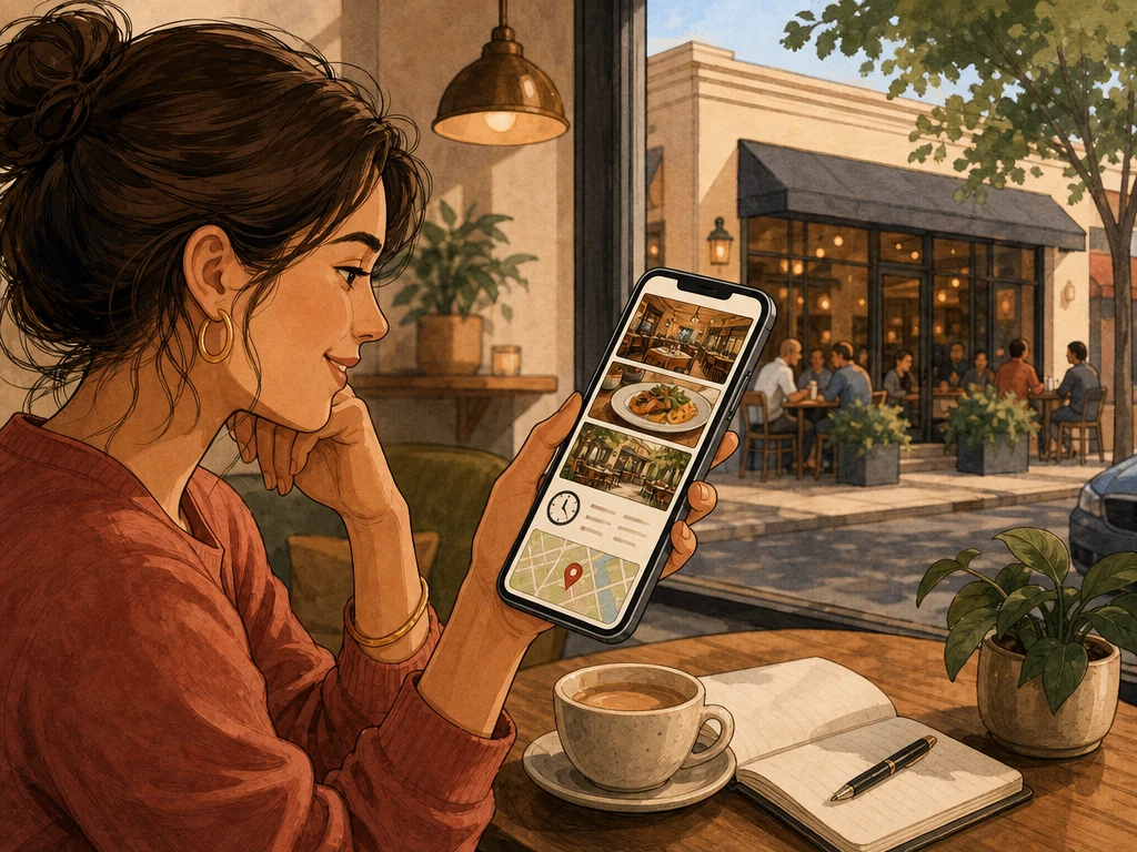 A customer using a phone to view a restaurant menu hours photos and directions