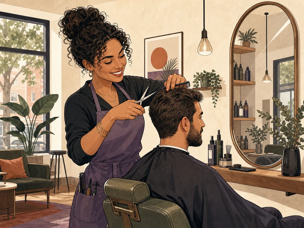 A skilled hairstylist actively cutting and shaping a client's hair in a welcoming neighborhood salon