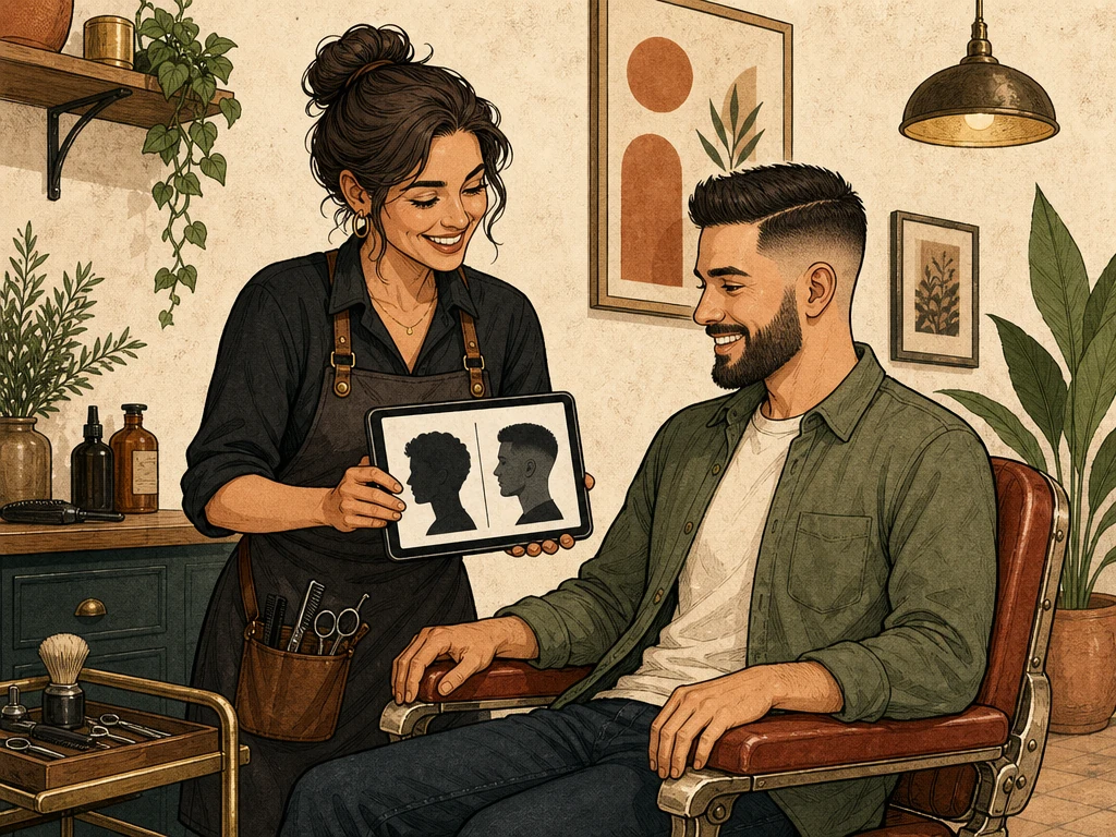A stylist and happy client reviewing a freshly finished haircut together in a salon mirror