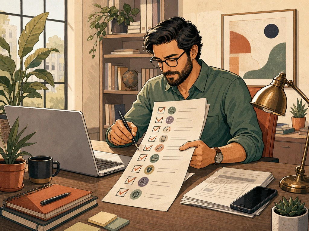 An SEO specialist working through a detailed website audit checklist beside a laptop