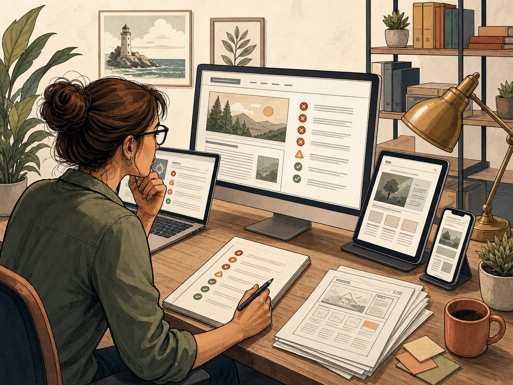 An SEO specialist examining a website on multiple screens with a prioritized repair checklist