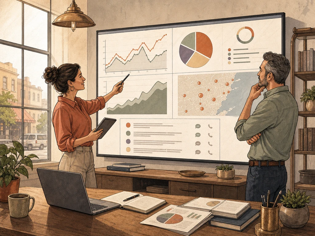 An analyst and business owner reviewing search performance charts and customer inquiries on a large screen