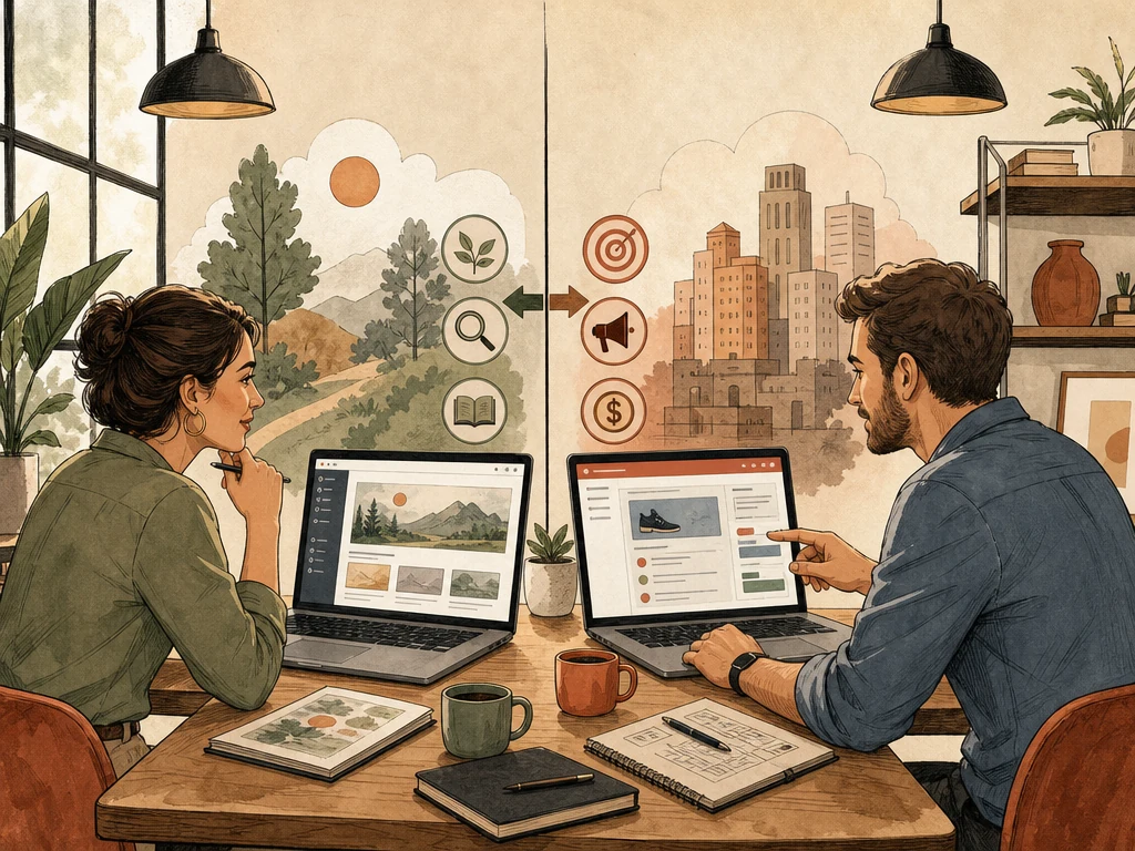 A business owner and marketer seated at a table with two laptops one showing an organic content planning workspace and the other a paid search campaign workspace