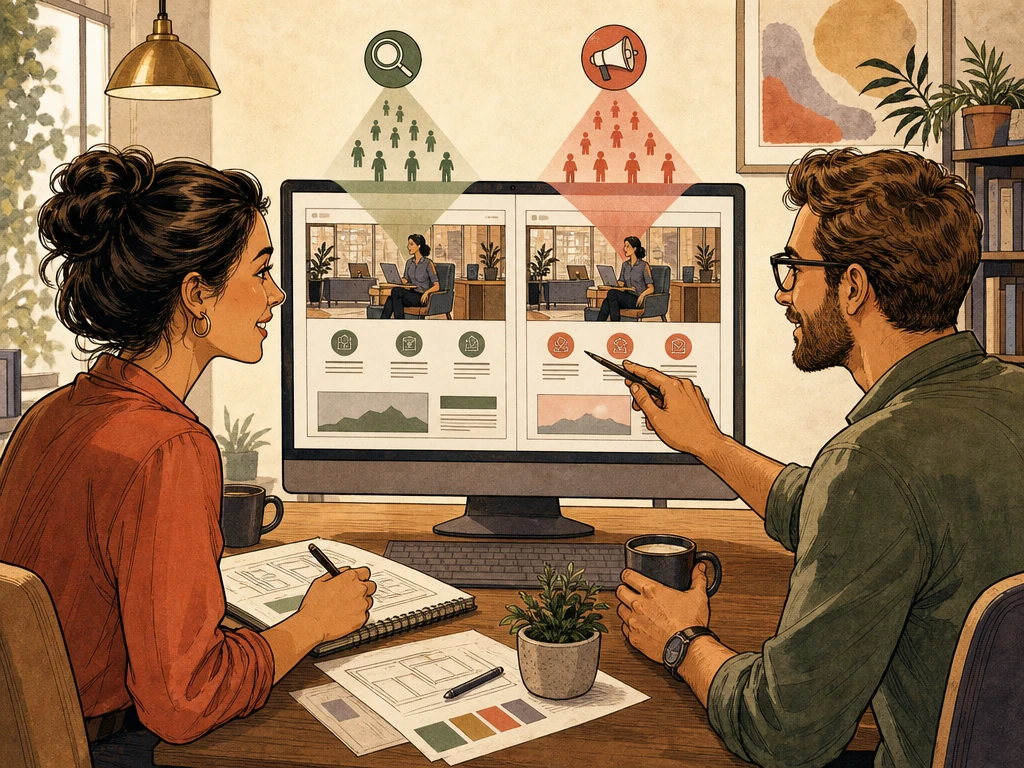 Two coworkers reviewing the same business landing page on a large monitor while comparing visitors arriving from organic search and paid search
