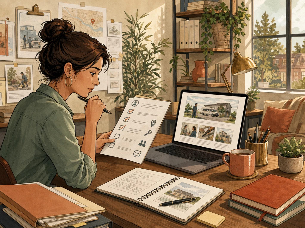 A writer checking service scope proof questions and next action before publishing a page