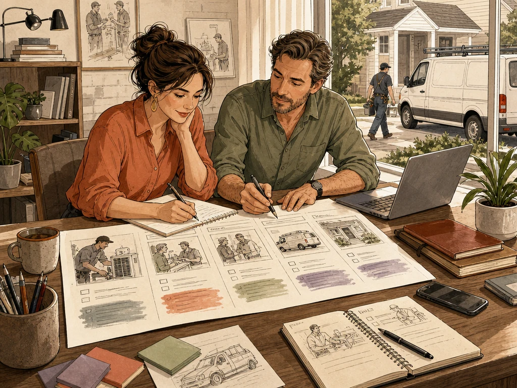 A service business owner and writer mapping scope process proof and customer questions for a new page