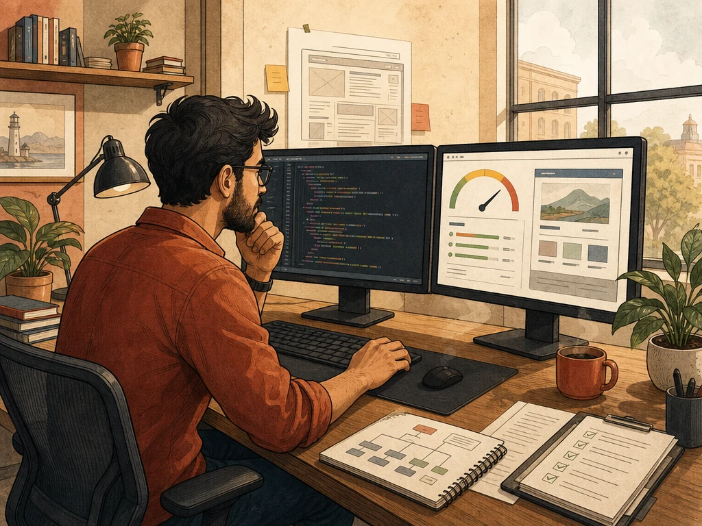 A web developer inspecting website code and page-speed indicators on dual monitors